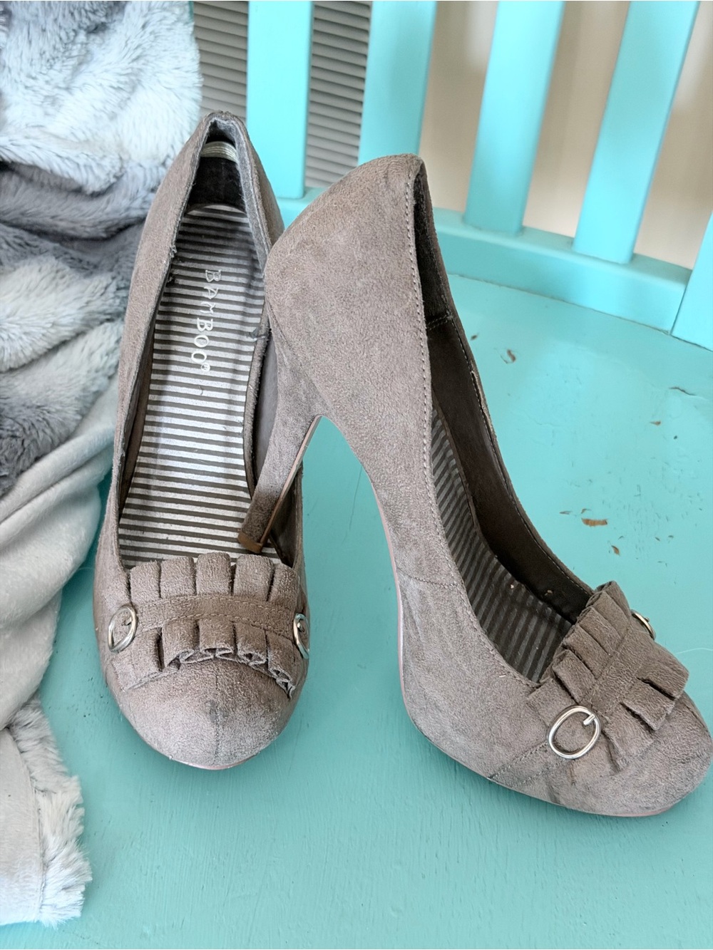 BAMBOO Taupe Suede Fringe Accent High Heels
